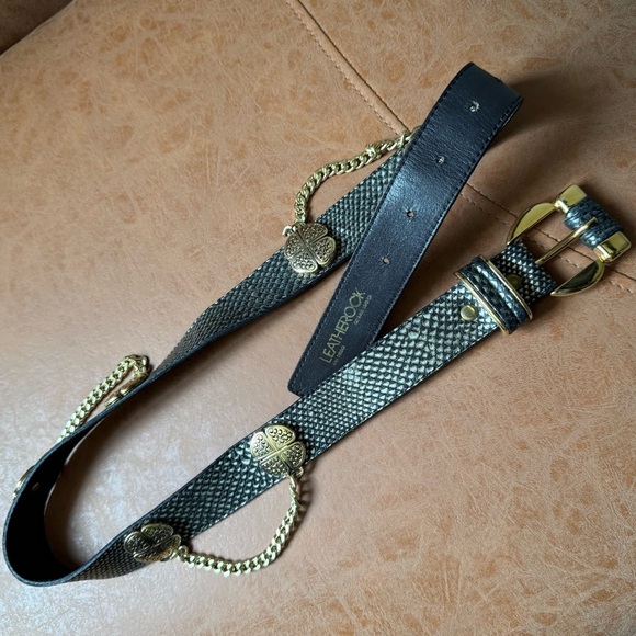 GUC LEATHEROCK LEATHER BLACK & METALLIC SNAKESKIN PRINT CHAIN BELT GOLD HARDWARE - Picture 1 of 12